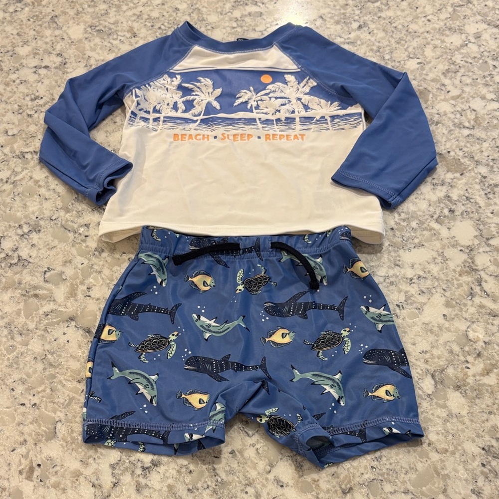 Old Navy Blue and White Kids Swim Rashguard Set